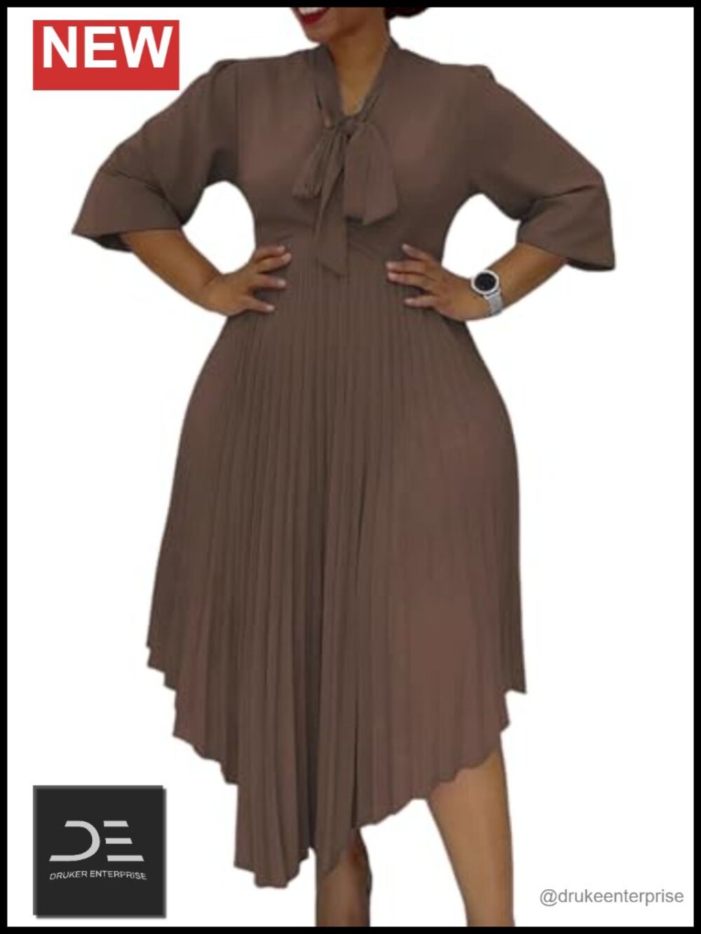Plus Size Pleated Midi Dress 3/4 Sleeve V-Neck Bow Tie High Low A-Line